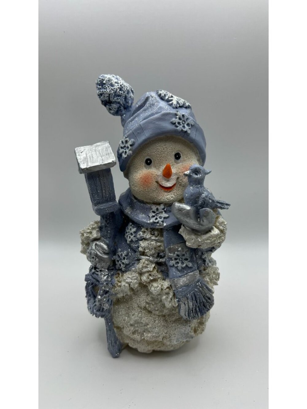 Snowman Figurine With Bird & Glitter Accents - Winter Decor - Blue & White